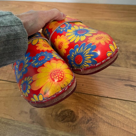 Moheda Toffeln Women's Real Leather Slip On Floral Wooden Clogs Sz 41 Multicolor - Picture 9 of 10